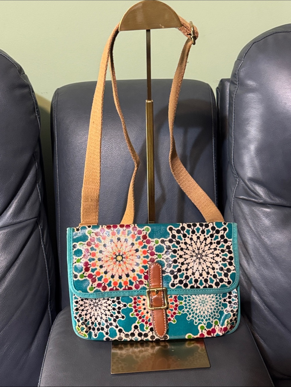 Fossil Teal Floral Mandala Crossbody with Tan Strap little owl